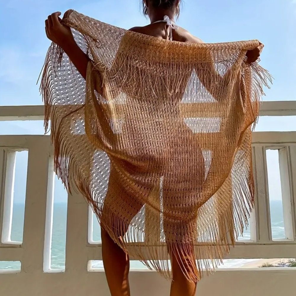 Gold Metallic Fringe Beach Cover-Up Wrap - Picture 2 of 5